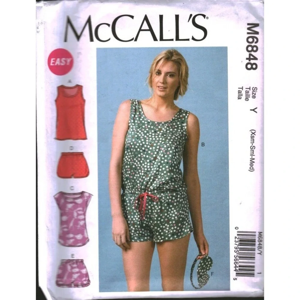 McCall's M6848 Sewing Pattern Misses Romper Tops Shorts Eye Mask Size Y XS-S-M
